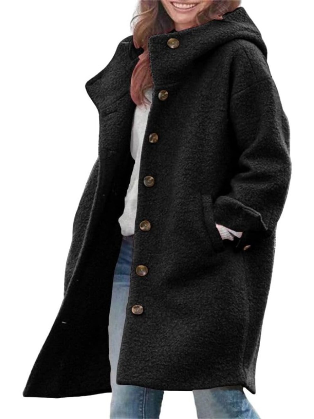 Women's Black Hooded Long Sleeve Single Breasted Long Wool Casual Trench Coat